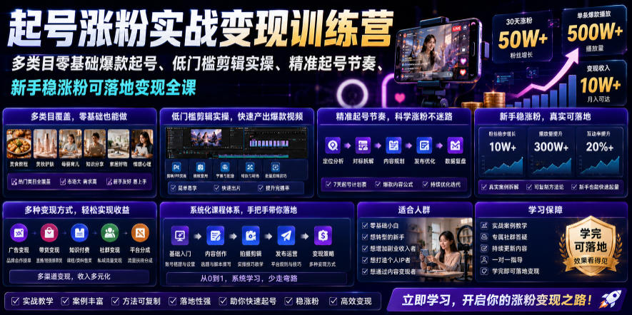 苗子起号涨粉实战变现训练营,多类目零基础爆款起号、精准起号节奏、新手稳涨粉可落地变现全课(更新0719)-MFXUI中国站