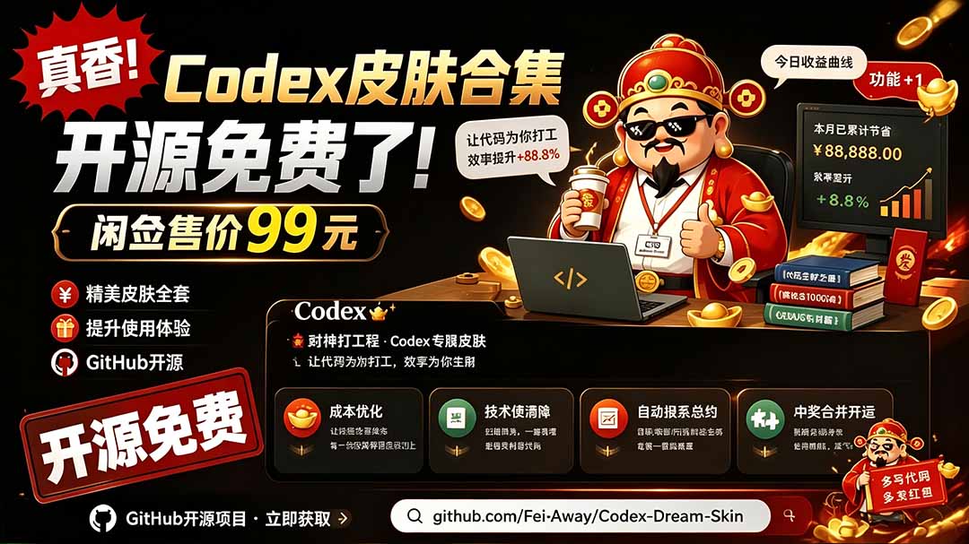 闲鱼售卖99元的Codex皮肤包,GitHub 免费开源了!让你的codex变成精美界面 Codex Dream Skin-MFXUI中国站