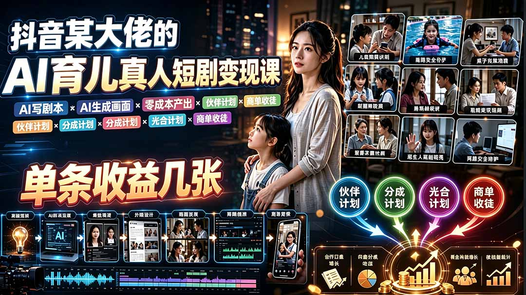 AI育儿真人短剧变现课:AI写剧本×AI生成画面×零成本产出×伙伴计划×分成计划×光合计划×商单收徒-MFXUI中国站