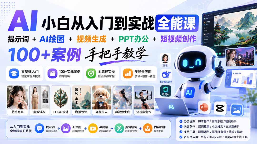 AI小白从入门到实战全能课:提示词+AI绘图+视频生成+PPT办公+短视频创作,100+案例手把手教学-MFXUI中国站