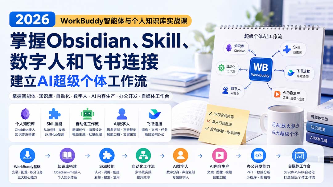 2026 WorkBuddy智能体与个人知识库实战课:掌握Obsidian、Skill、数字人和飞书连接,建立AI超级个体工作流-MFXUI中国站