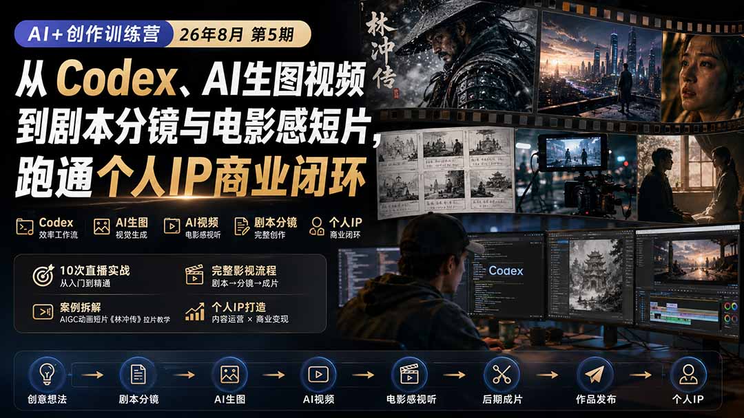 AI+创作训练营26年第5期-更新:从Codex、AI生图视频到剧本分镜与电影感短片,跑通个人IP商业闭环-MFXUI中国站