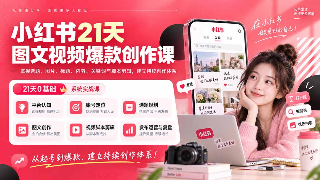小红书21天图文视频爆款创作课:掌握选题、图片、标题、内容、关键词与脚本剪辑,建立持续创作体系-MFXUI中国站