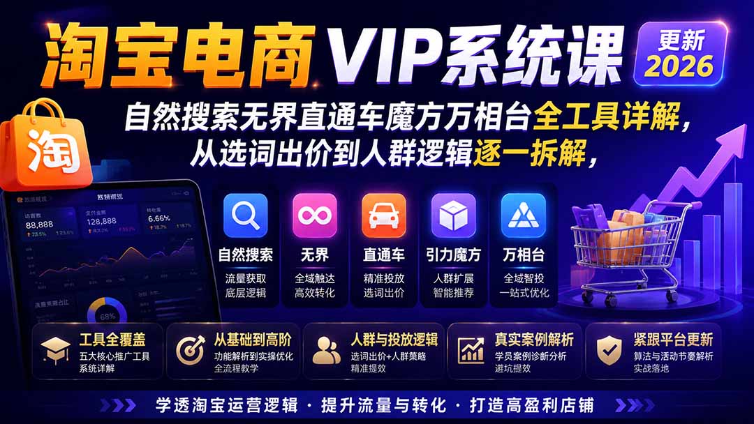2026淘宝电商终局之战VIP课-更新:自然搜索+直通车+无界+精准人群,系统掌握测款动销与全店推广布局方法-MFXUI中国站