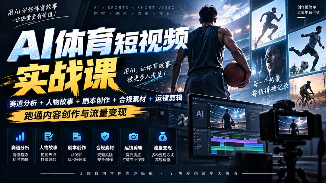 AI体育短视频赛道顶级玩法|赛道分析+人物故事+剧本创作+版权处理+运镜剪辑,跑通流量变现-日赚1K+-MFXUI中国站