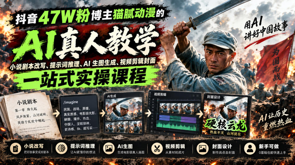 抖音47W粉博主猫腻动漫的AI真人漫剧教学,小说剧本改写、提示词推理、AI生图生成、视频剪辑封面一站式实操课程-MFXUI中国站