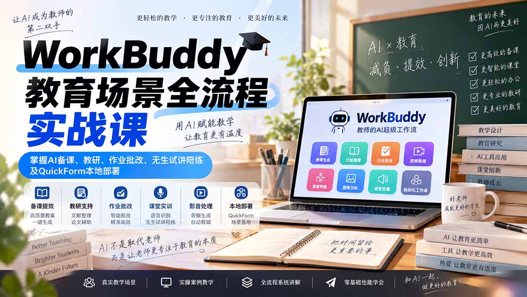 WorkBuddy教育场景全流程实战课:掌握AI备课、教研、作业批改、无生试讲陪练及QuickForm本地部署-MFXUI中国站
