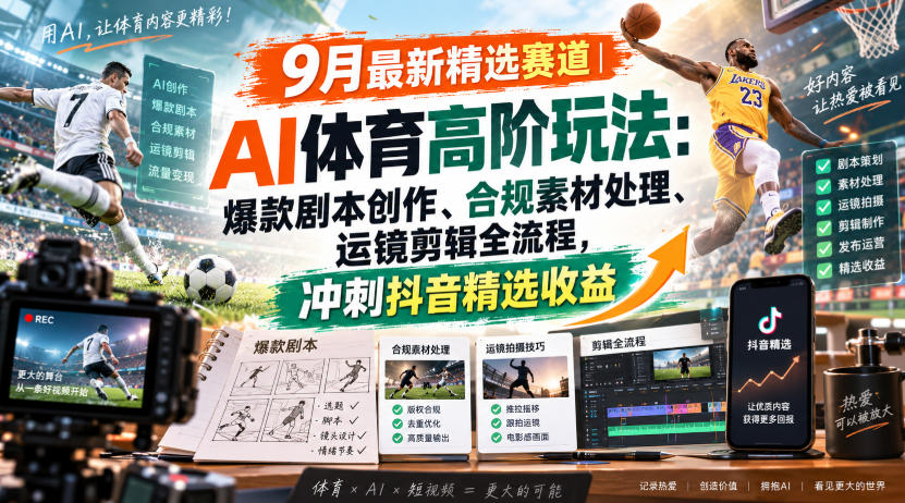 某大佬的9月最新精选赛道之AI体育顶级玩法,爆款剧本创作、版权规避、运镜剪辑全流程,稳拿抖音精选收益-MFXUI中国站